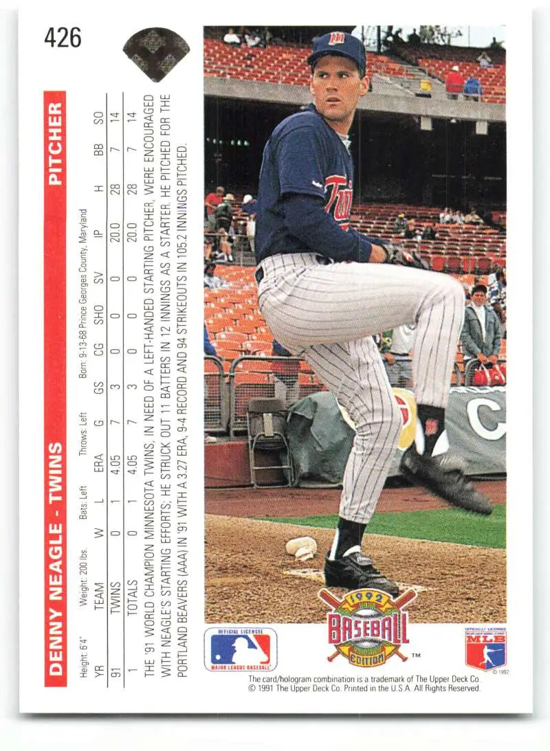 Denny Neagle mid-windup on a Minnesota Twins baseball card from 1992 Upper Deck