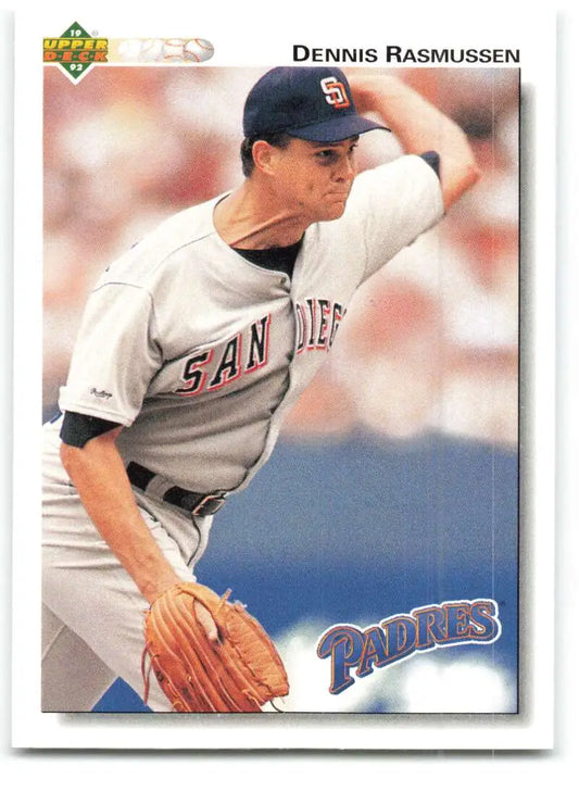 1992 Upper Deck baseball card of Dennis Rasmussen, San Diego Padres pitcher in action