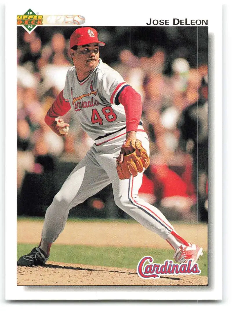 Baseball card featuring Jose DeLeon, pitcher for the Louis Cardinals, in action