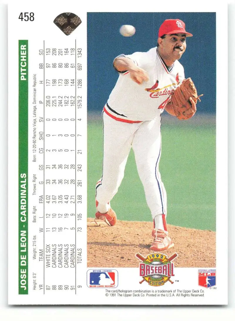 Jose DeLeon pitching for the St. Louis Cardinals on a 1992 Upper Deck baseball card