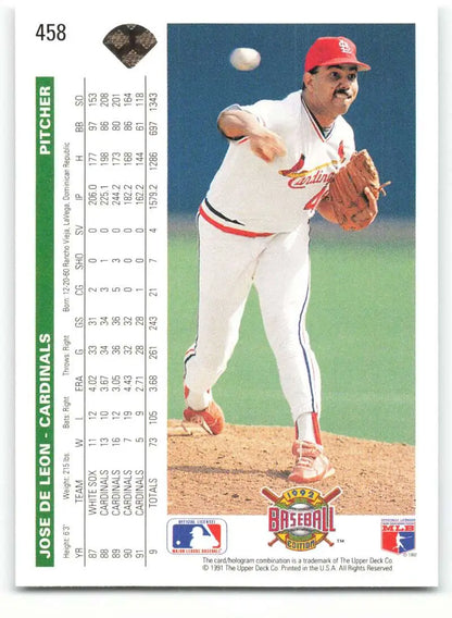 Jose DeLeon pitching for the St. Louis Cardinals on a 1992 Upper Deck baseball card