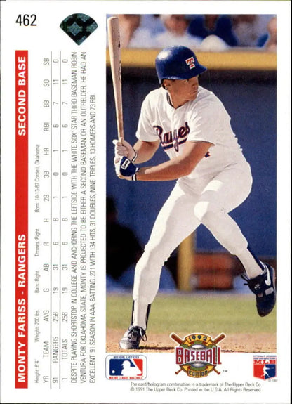 Monty Fariss at bat in white uniform on 1992 Upper Deck Texas Rangers baseball card