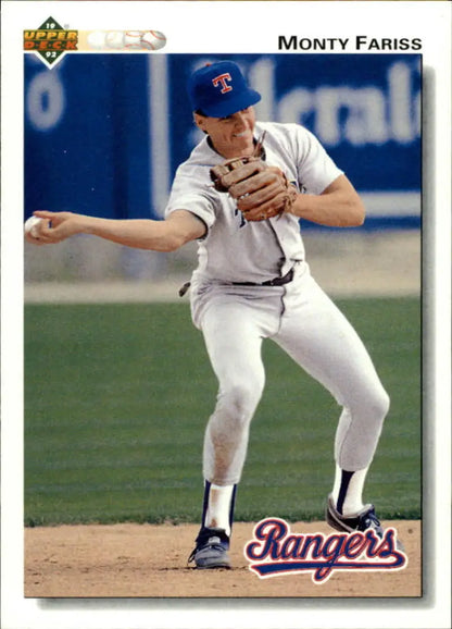 Monty Fariss in a Texas Rangers uniform throwing during Upper Deck baseball action