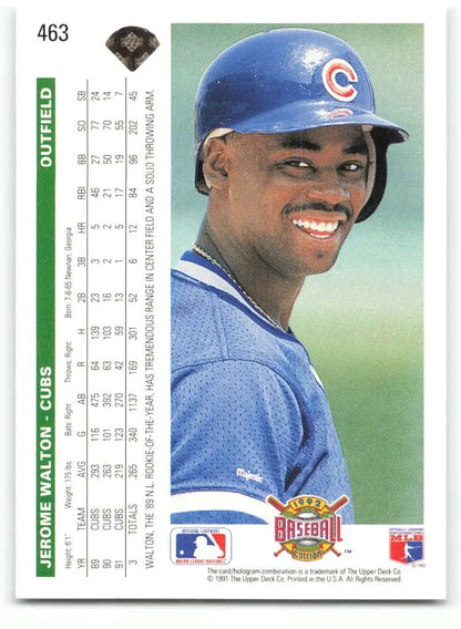 Jerome Walton smiling in Chicago Cubs uniform on 1992 Upper Deck baseball card