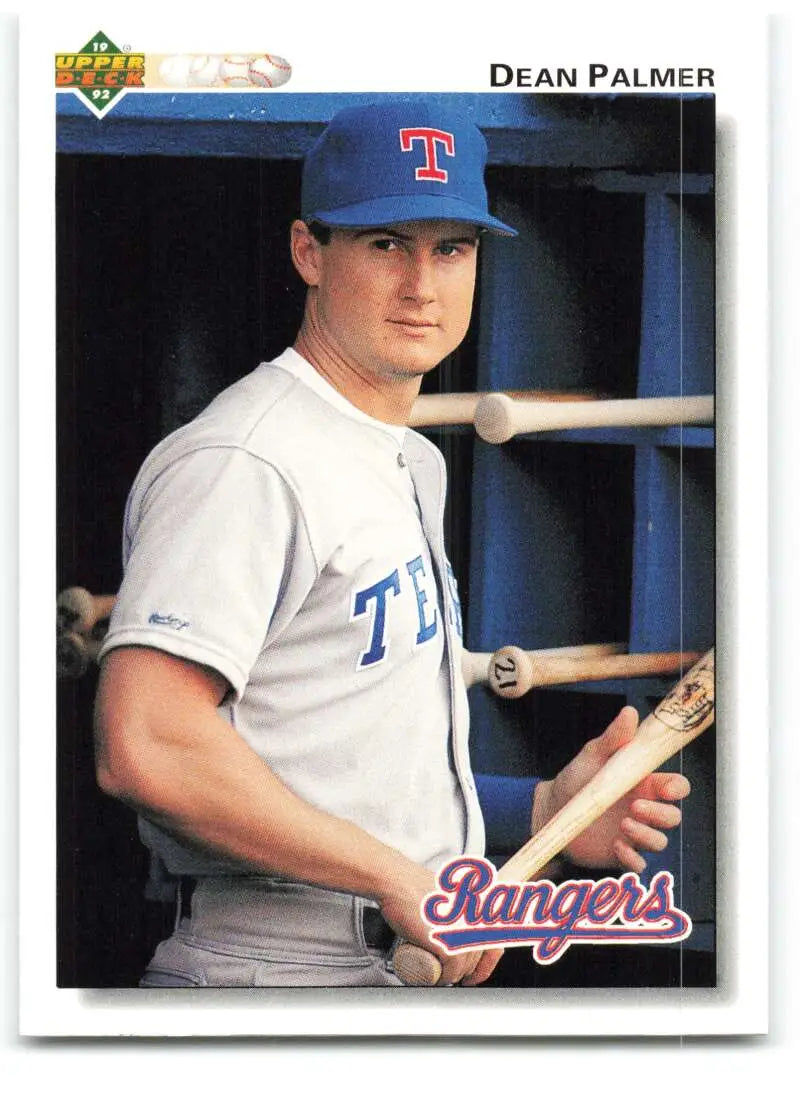 Texas Rangers 1992 Upper Deck #465 Dean Palmer baseball card in white uniform and blue cap