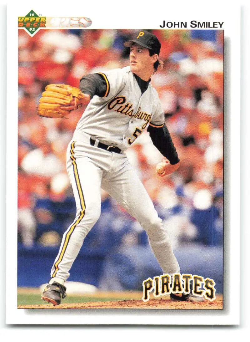 Baseball card of John Smiley pitching in a white uniform for the Pittsburgh Pirates