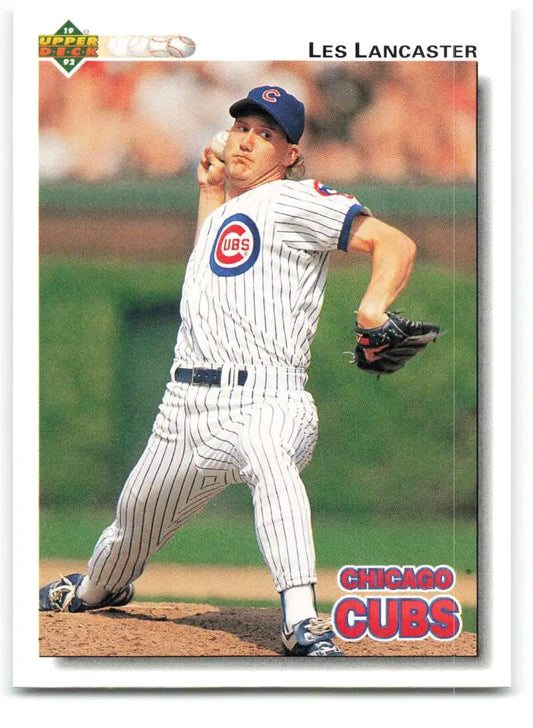 Les Lancaster in Chicago Cubs pinstriped uniform delivering a pitch on baseball card