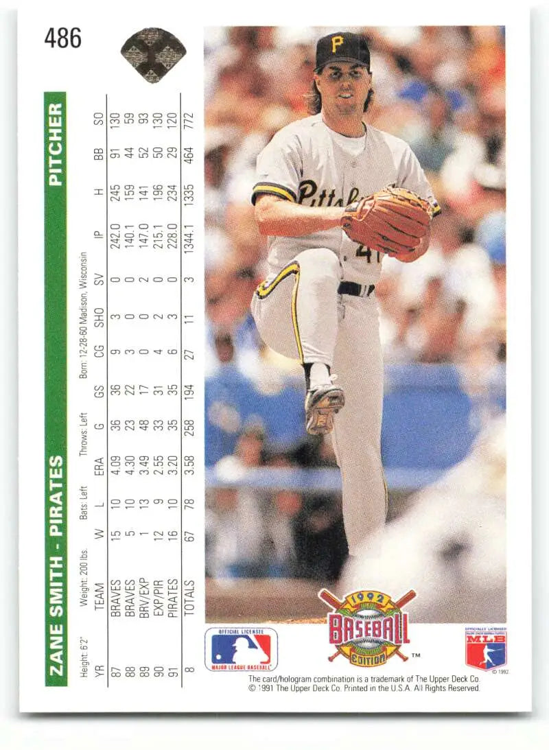 Zane Smith mid-delivery motion in 1992 Upper Deck Pittsburgh Pirates Baseball Card