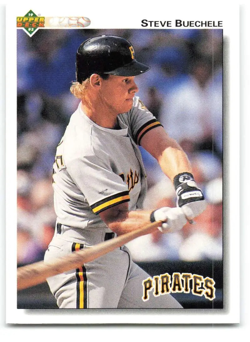 Baseball player Steve Buechele in a Pittsburgh Pirates uniform swinging a bat