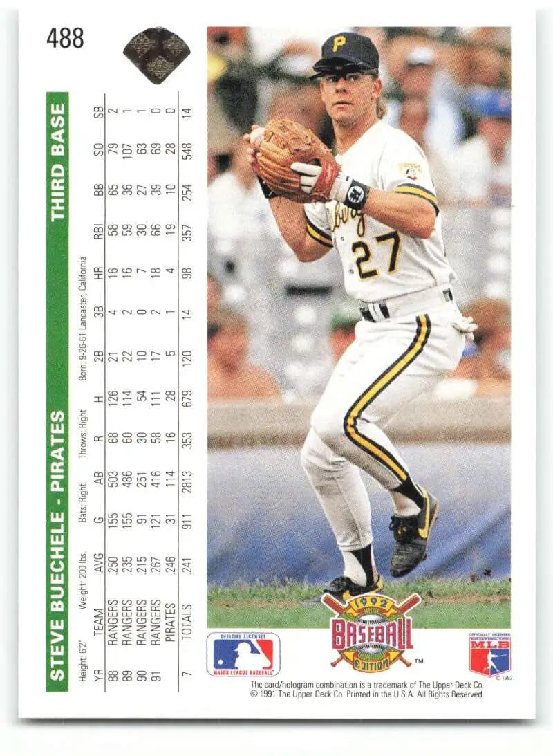 Steve Buechele pitching in white uniform on 1992 Upper Deck Pittsburgh Pirates baseball card