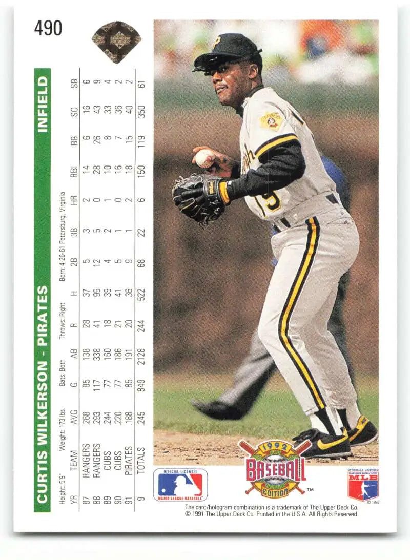 Curtis Wilkerson baseball card featuring Pittsburgh Pirates player in throwing motion