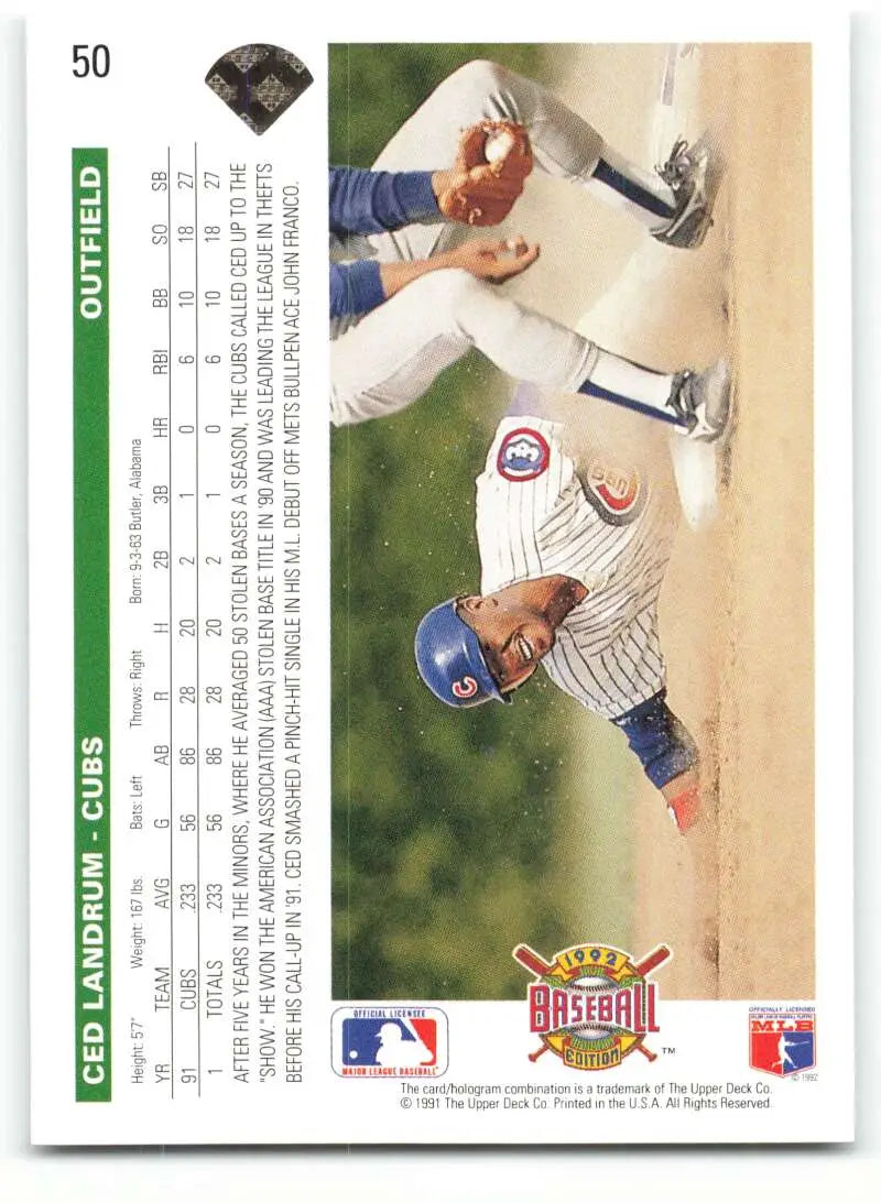 1992 Upper Deck Ced Landrum baseball card featuring Chicago Cubs player sliding into base