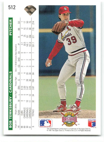 Baseball card featuring Bob Tewksbury in mid-throw for the Louis Cardinals by Upper Deck