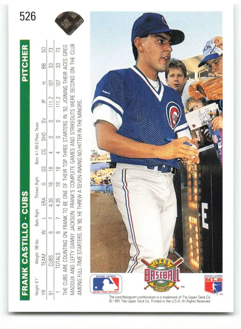 Baseball card of Frank Castillo in Chicago Cubs blue and white uniform by Upper Deck