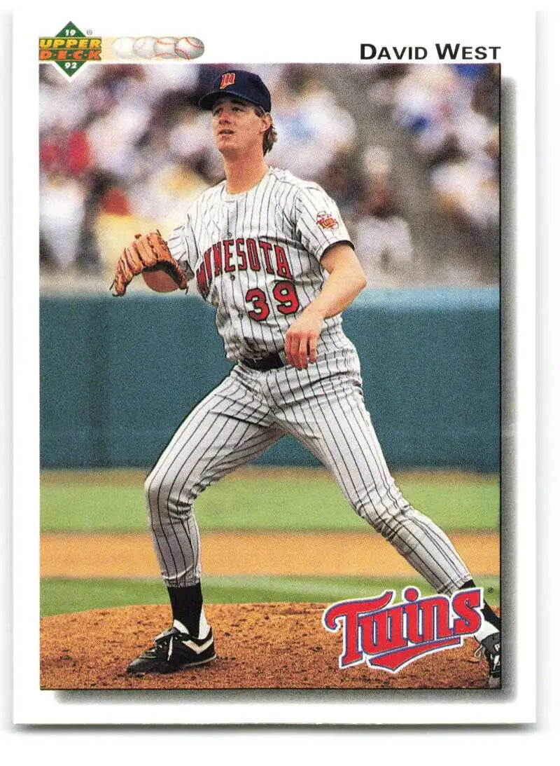 Minnesota Twins 1992 Upper Deck David West baseball card featuring pitcher mid-delivery