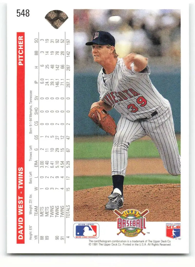 Minnesota Twins pitcher David West in mid-delivery on 1992 Upper Deck baseball card