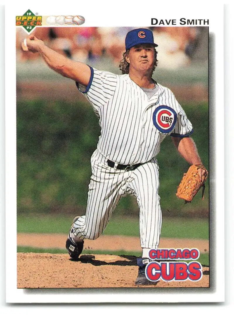 1992 Upper Deck Dave Smith Chicago Cubs Baseball Card with pitcher in mid-throw action