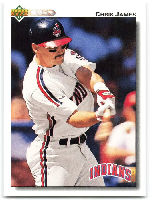 Baseball card featuring Chris James swinging bat for Cleveland Indians in 1992 Upper Deck