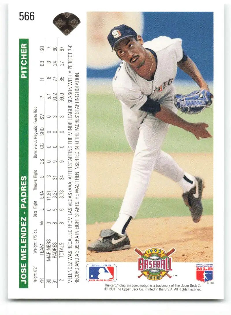 Baseball card of Jose Melendez pitching in white San Diego Padres uniform by Upper Deck