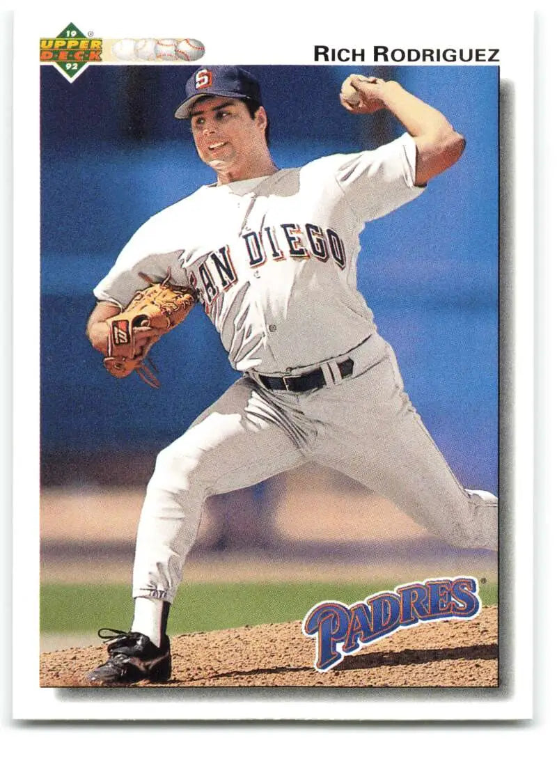 Baseball card of Rich Rodriguez pitching in a white uniform from Upper Deck