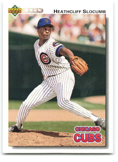 Heathcliff Slocumb on the mound in Chicago Cubs pinstriped uniform baseball card