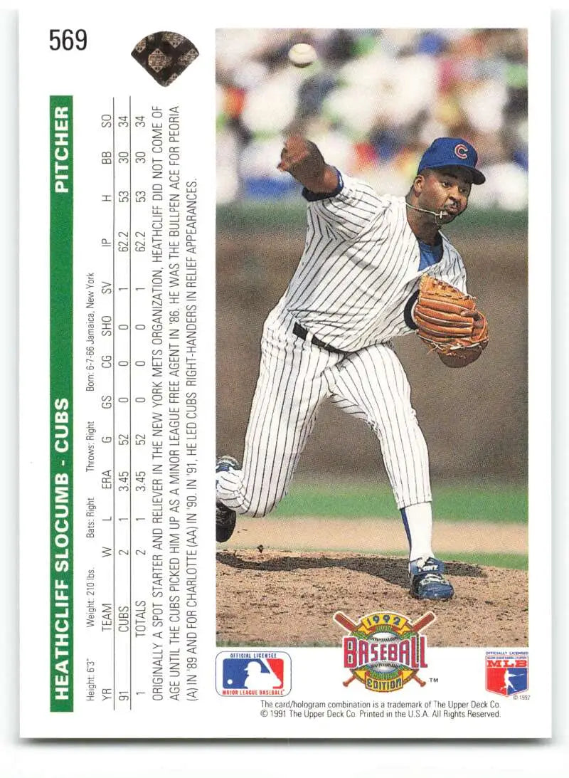 Baseball card of Heathcliff Slocumb pitching in a white pinstriped uniform for Chicago Cubs