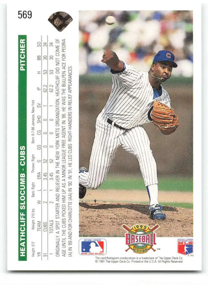 Baseball card of Heathcliff Slocumb pitching in a white pinstriped uniform for Chicago Cubs