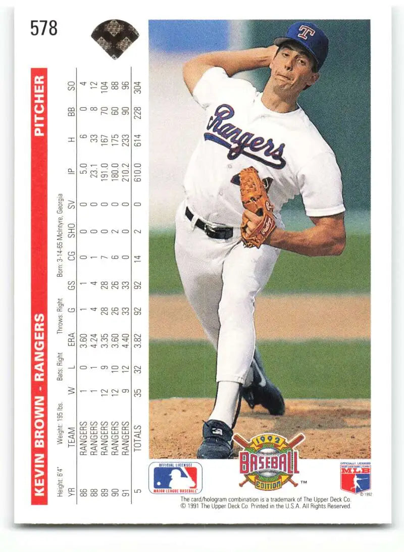 Kevin Brown Texas Rangers pitcher mid-delivery on 1992 Upper Deck baseball card