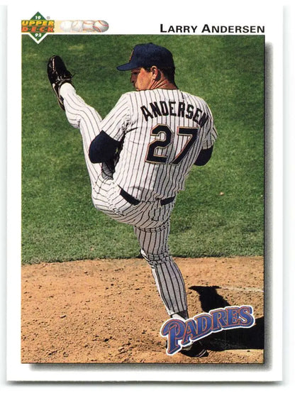 Larry Andersen delivering a pitch in a San Diego Padres pinstriped uniform