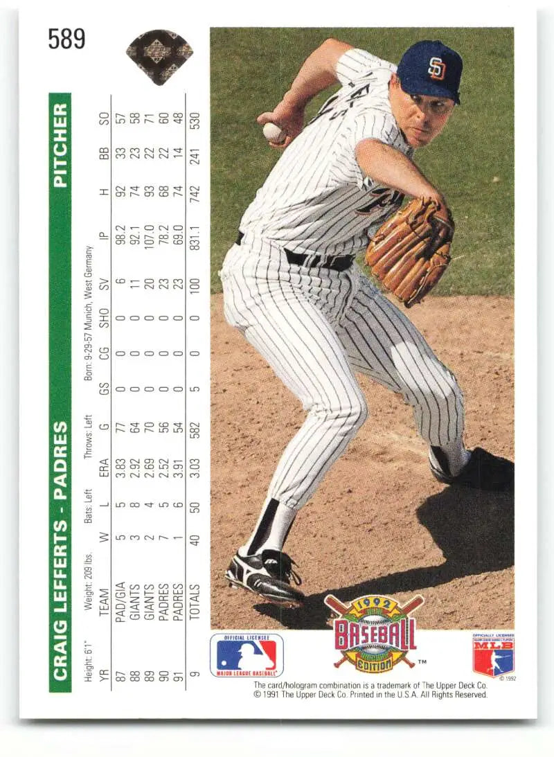 San Diego Padres Craig Lefferts baseball card in pinstripe uniform mid-delivery