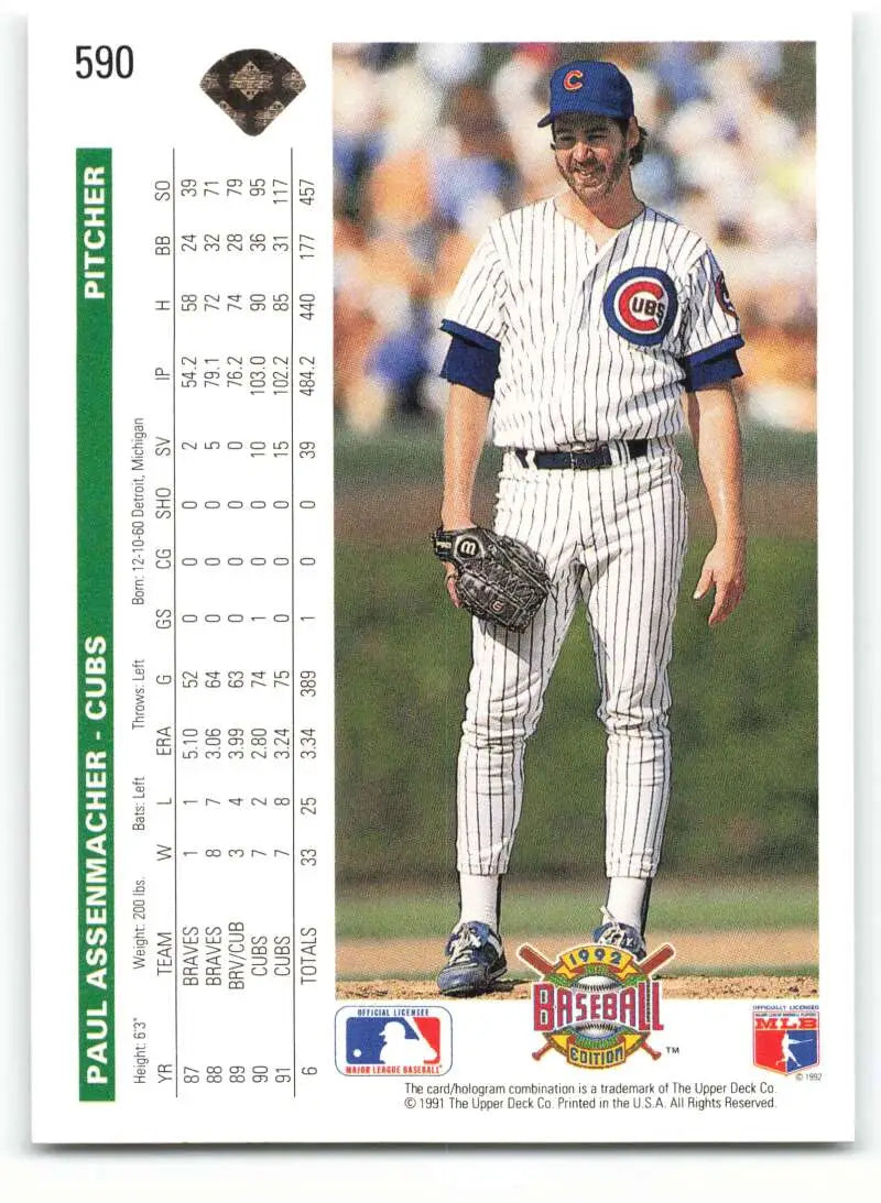 Chicago Cubs baseball card of pitcher Paul Assenmacher in pinstripe uniform on mound