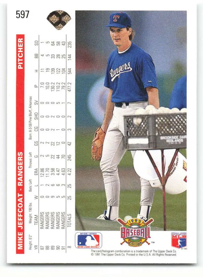 Mike Jeffcoat in blue uniform on 1992 Upper Deck Texas Rangers Baseball Card