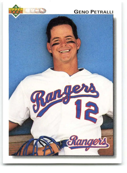 Texas Rangers Baseball Card of Geno Petralli, jersey number 12, smiling in NM-MT condition