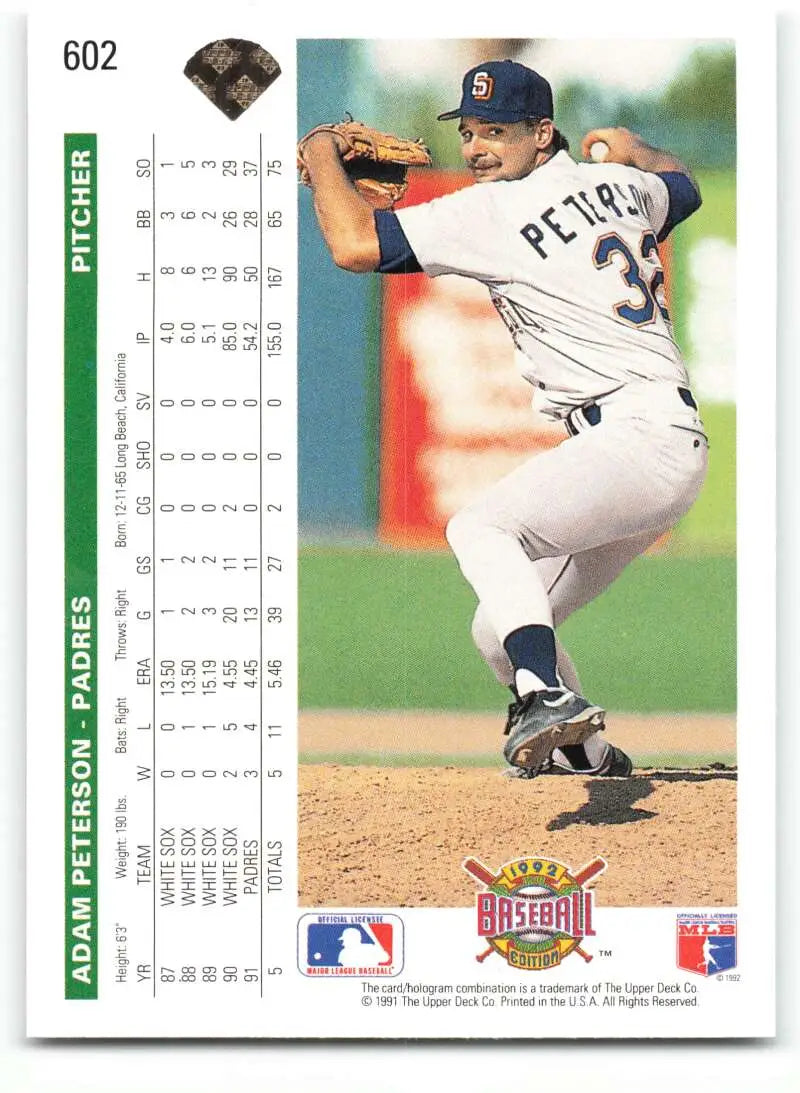 Baseball card of Adam Peterson, San Diego Padres pitcher in delivery motion