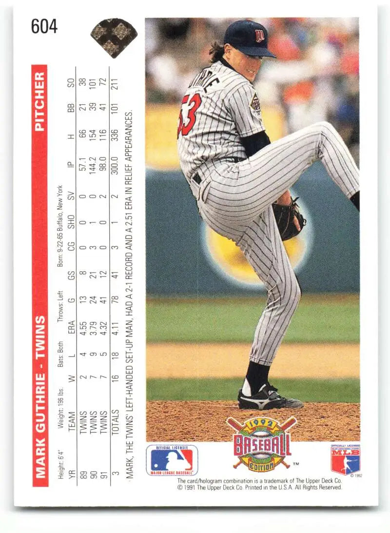 Minnesota Twins pitcher Mark Guthrie mid-windup on 1992 Upper Deck baseball card