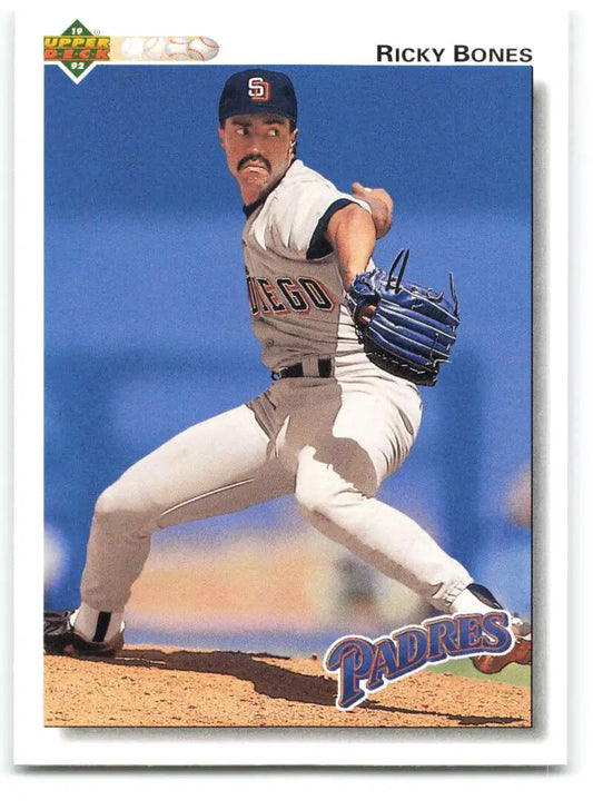 Baseball player Ricky Bones in San Diego Padres uniform mid-pitching motion