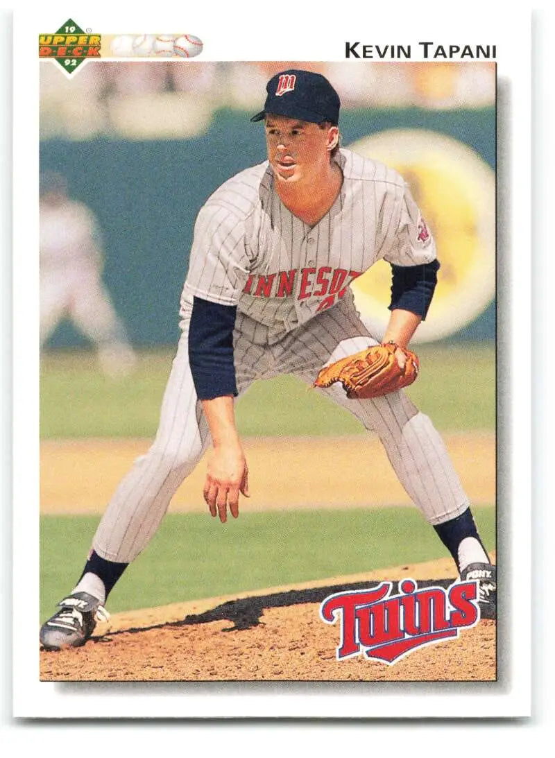 1992 Upper Deck baseball card of Minnesota Twins pitcher Kevin Tapani in delivery motion