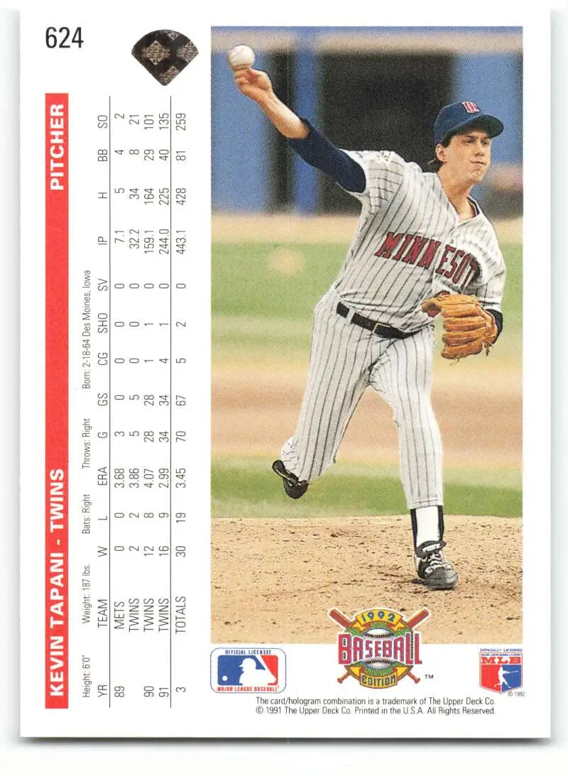 Baseball card of Minnesota Twins pitcher Kevin Tapani in pinstriped uniform