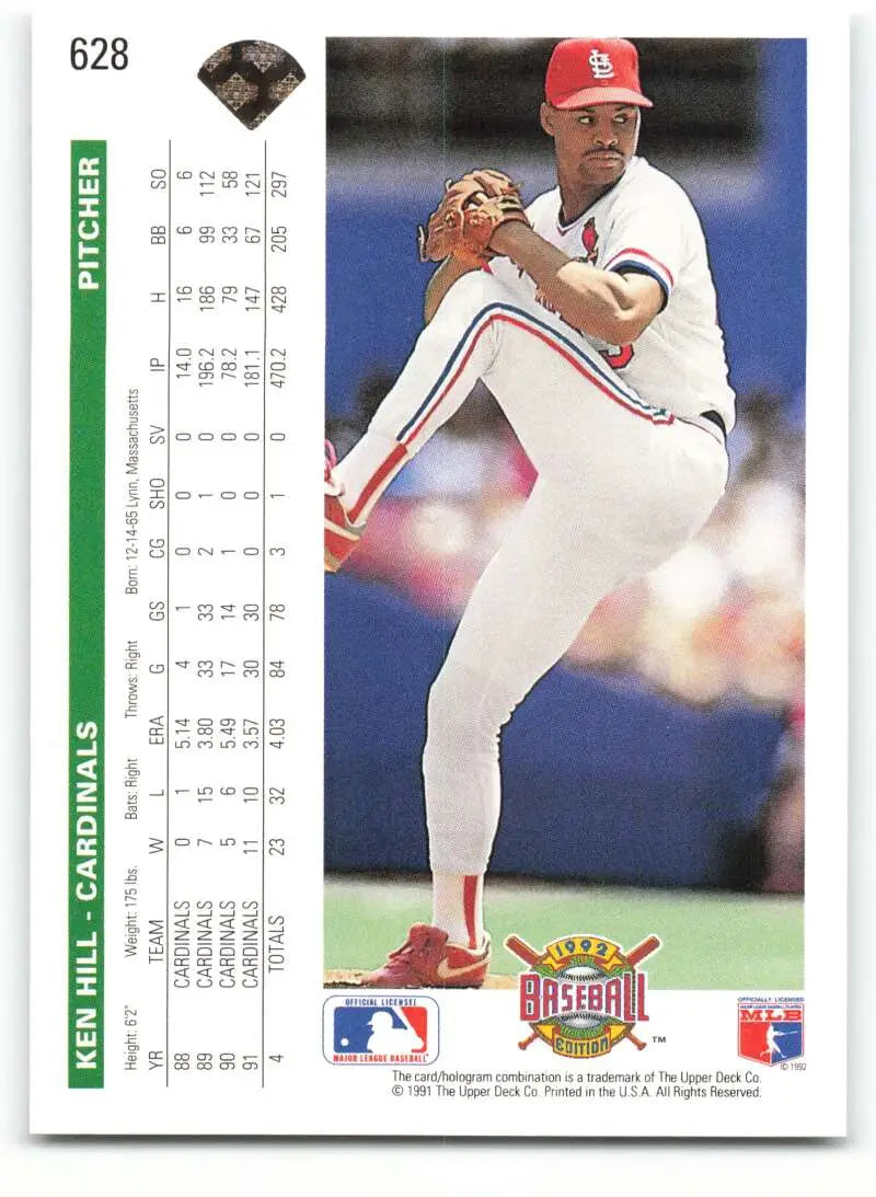 Ken Hill mid-delivery in red cap and white uniform on 1992 Upper Deck baseball card