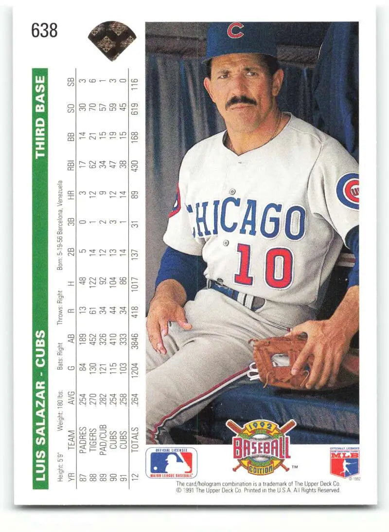 1992 Upper Deck Luis Salazar Chicago Cubs Baseball Card in white home uniform number 10