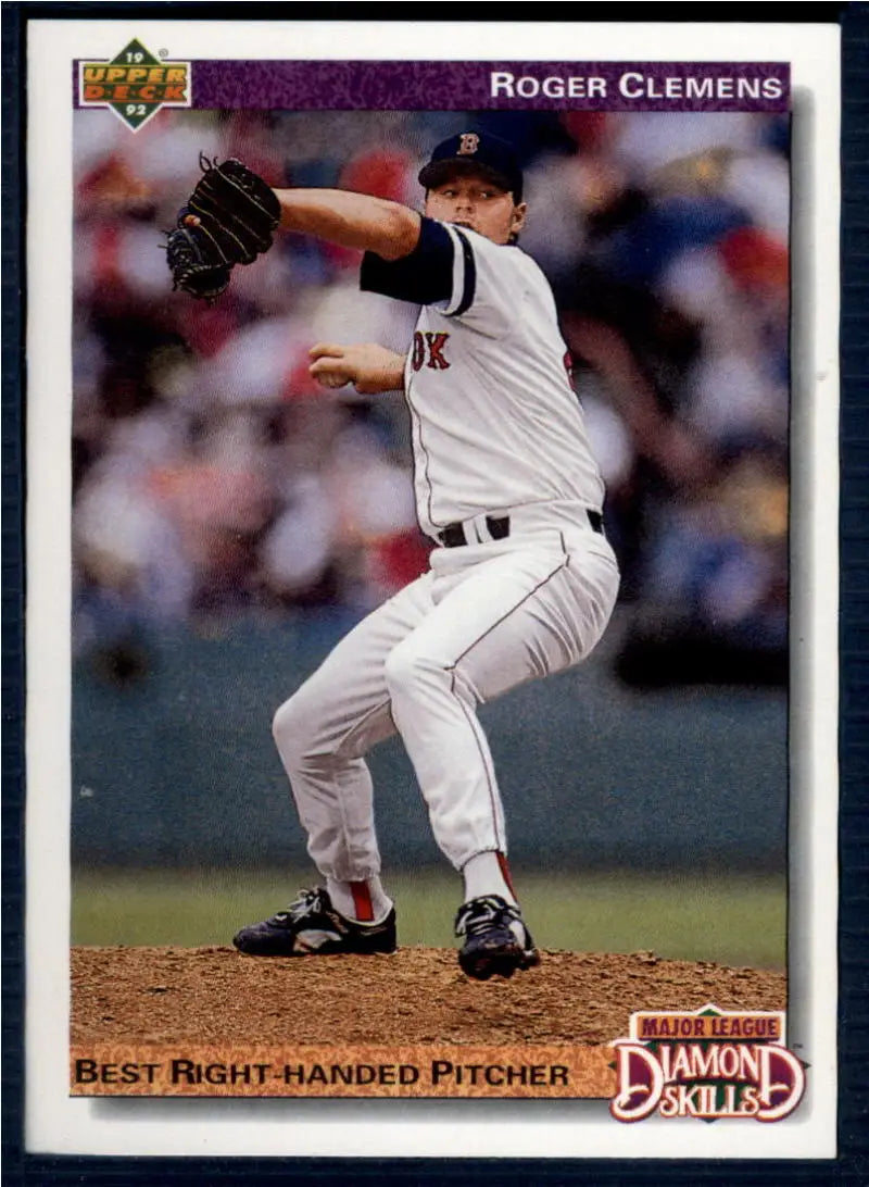 Baseball card of Roger Clemens in mid-throw for the Boston Red Sox in white uniform