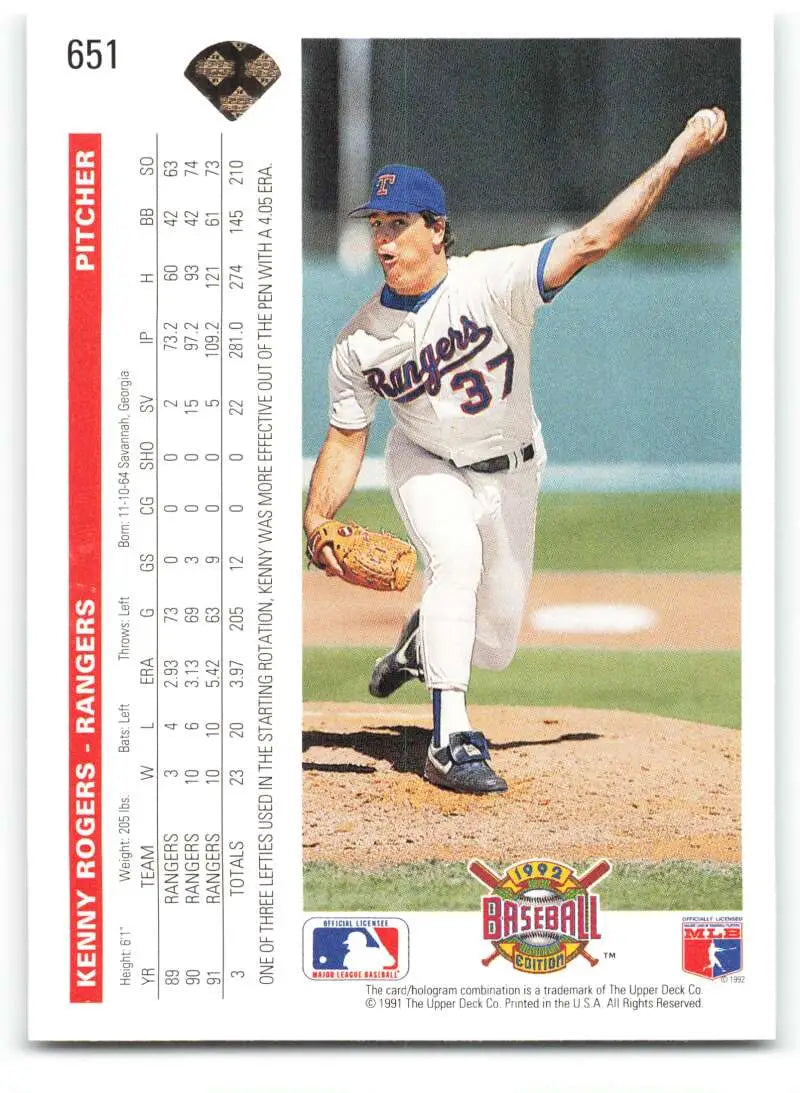 Kenny Rogers mid-delivery Texas Rangers pitcher baseball card from Upper Deck 1992