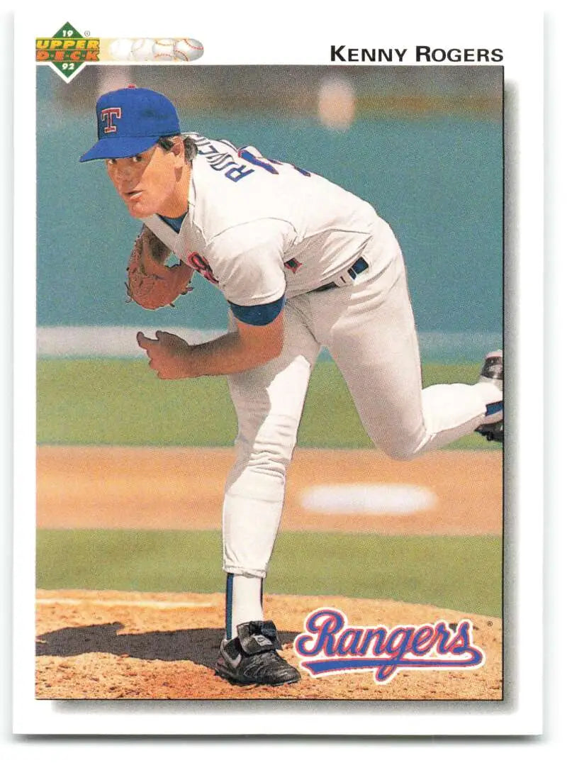 Baseball card of Kenny Rogers throwing for Texas Rangers in white home uniform by Upper Deck