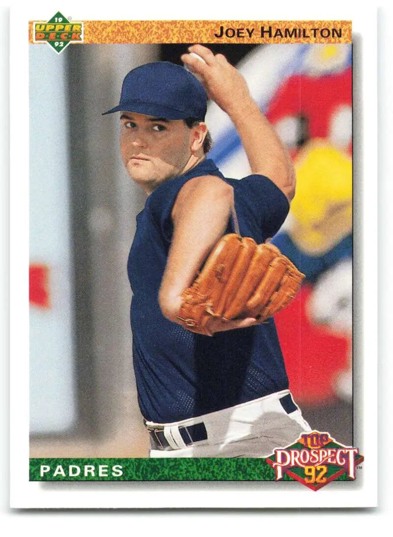 Baseball card of Joey Hamilton pitching for San Diego Padres in navy uniform