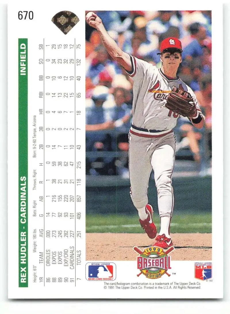 Baseball card of Rex Hudler featuring a pitcher in St. Louis Cardinals away uniform