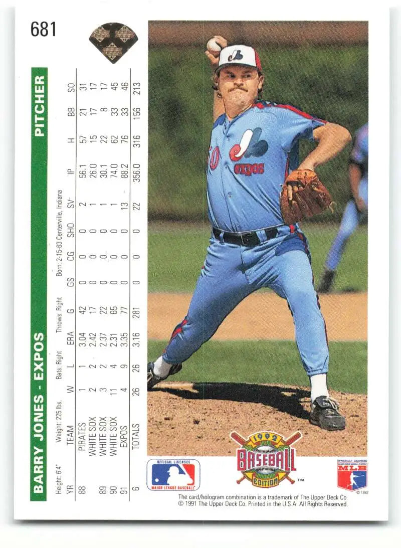 Barry Jones pitching in light blue uniform on 1992 Upper Deck Montreal Expos card