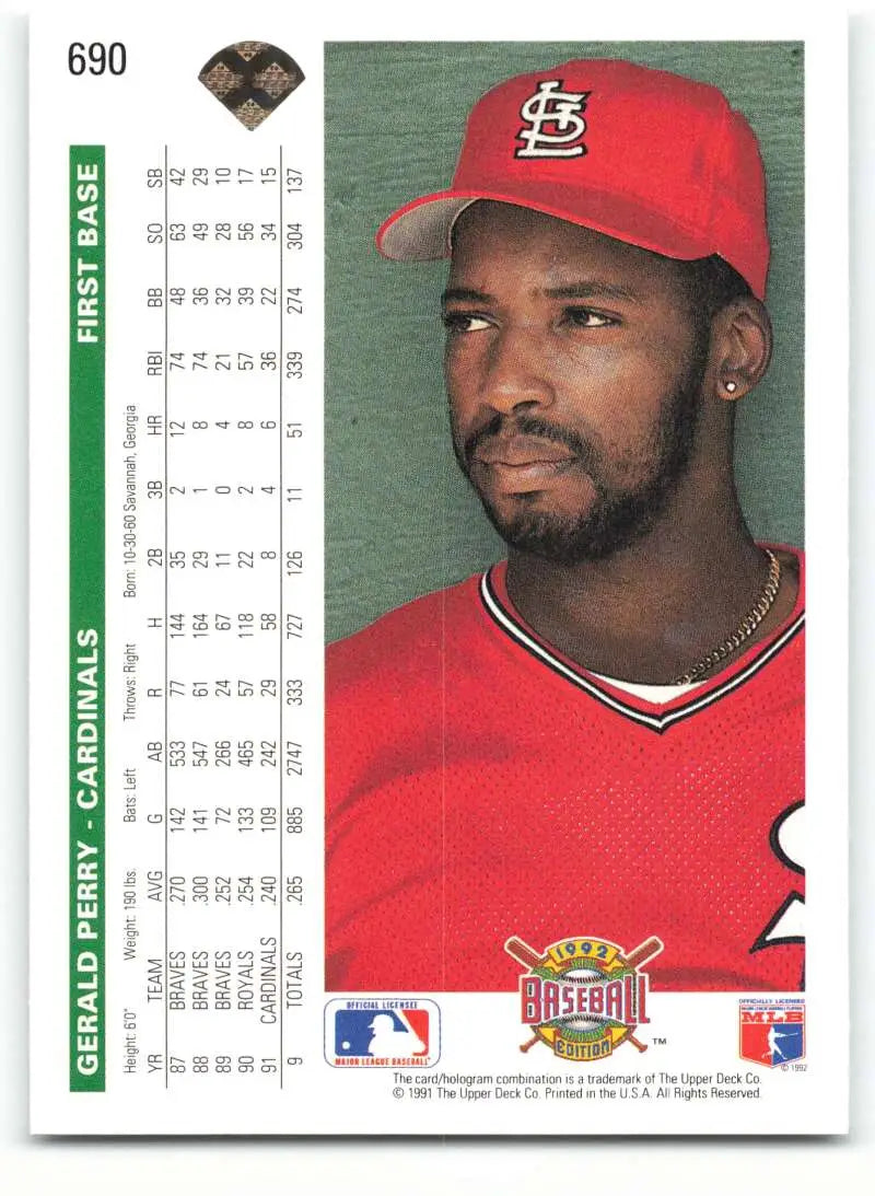 1992 Upper Deck Gerald Perry St. Louis Cardinals Baseball Card in red uniform and cap