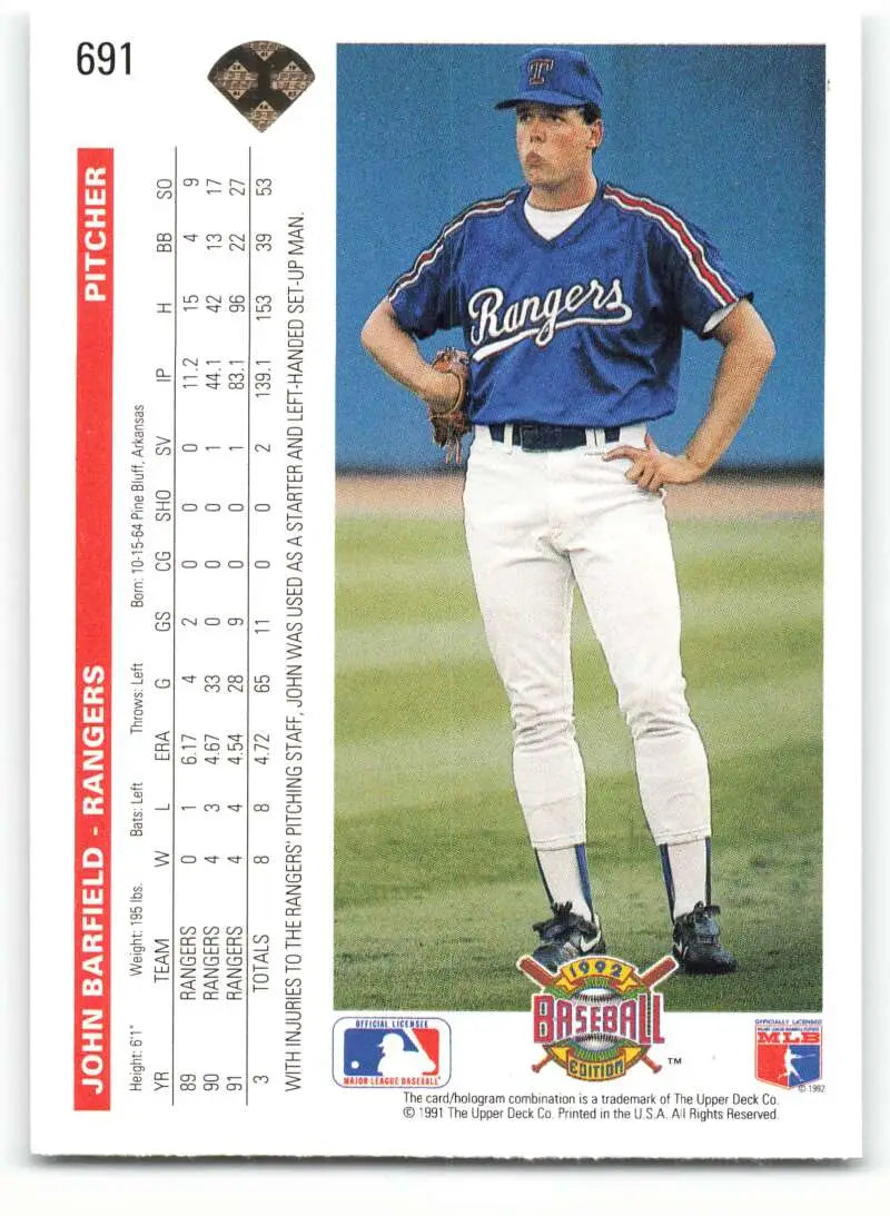 Texas Rangers baseball card featuring John Barfield in blue jersey and white pants