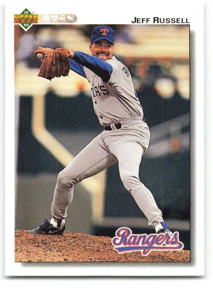 Texas Rangers pitcher Jeff Russell in mid-delivery on 1992 Upper Deck baseball card