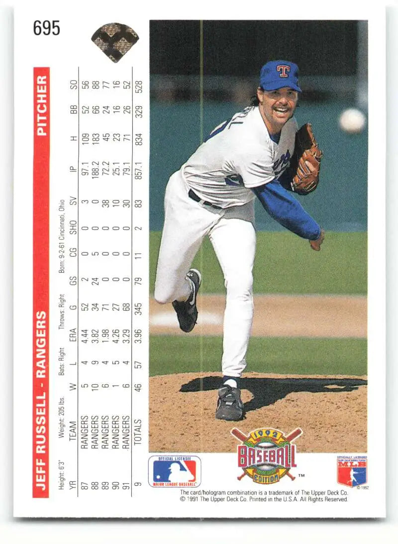 Baseball card of Jeff Russell in mid-delivery for Texas Rangers Upper Deck 1992